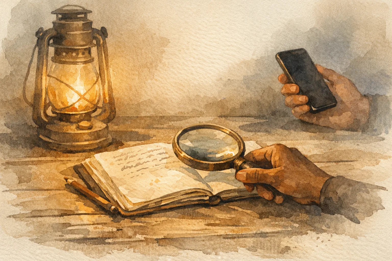 Une loupe sur un carnet humanitaire et un smartphone éteint, symbole de la tension entre tradition et innovation dans l'human