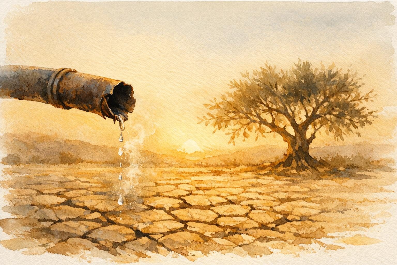 Un tuyau d'irrigation coupé symbolise la privation d'eau en Cisjordanie, terre craquelée et olivier solitaire en arrière-plan