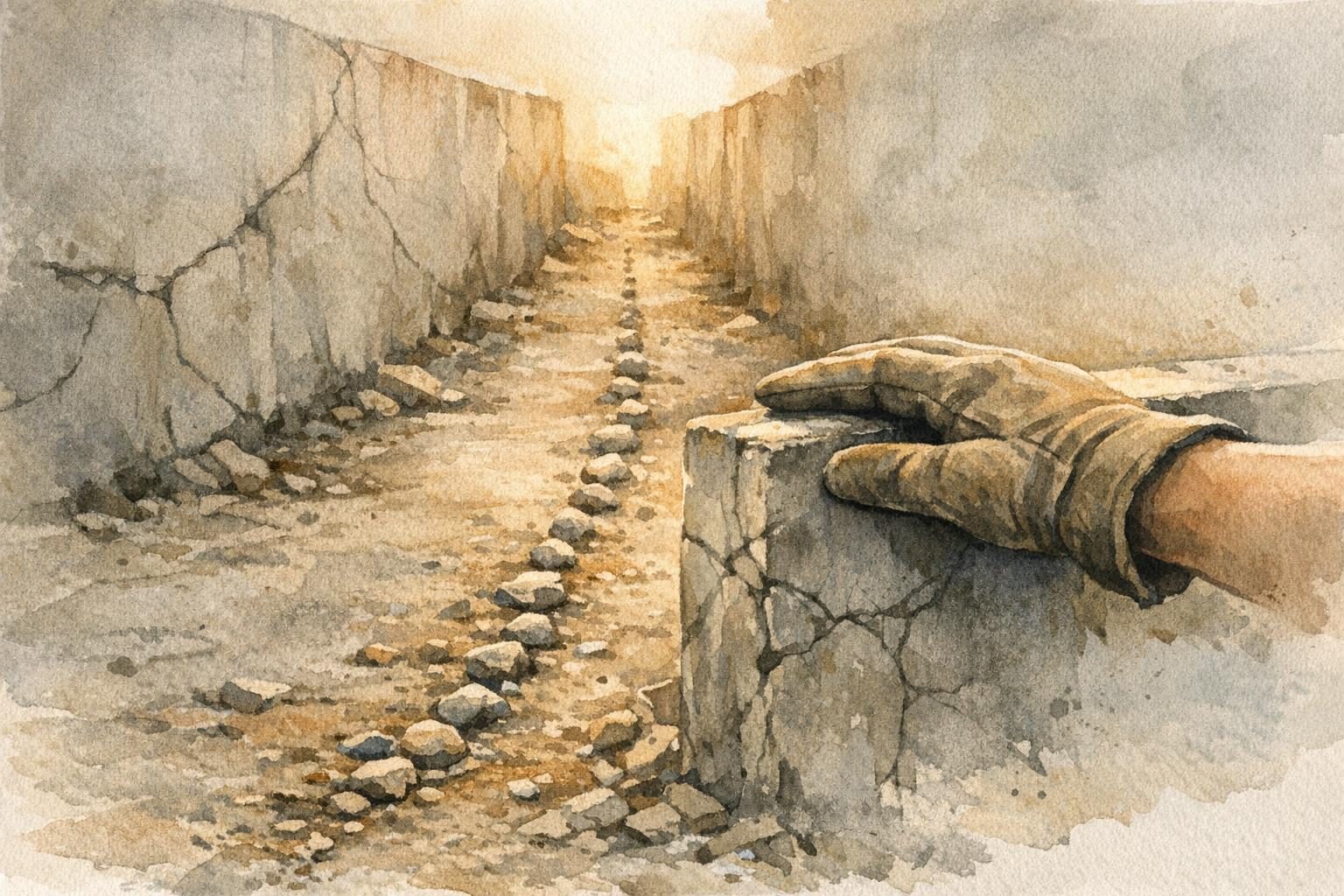 Un chemin entre deux murs symbolise l'équilibre entre innovation technologique et éthique humanitaire, avec une main qui guid